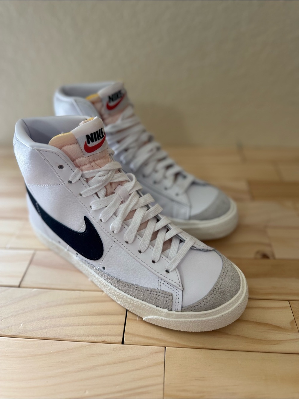 Nike Women's High-Top Sneakers in White with Navy Swoosh and Gray Suede